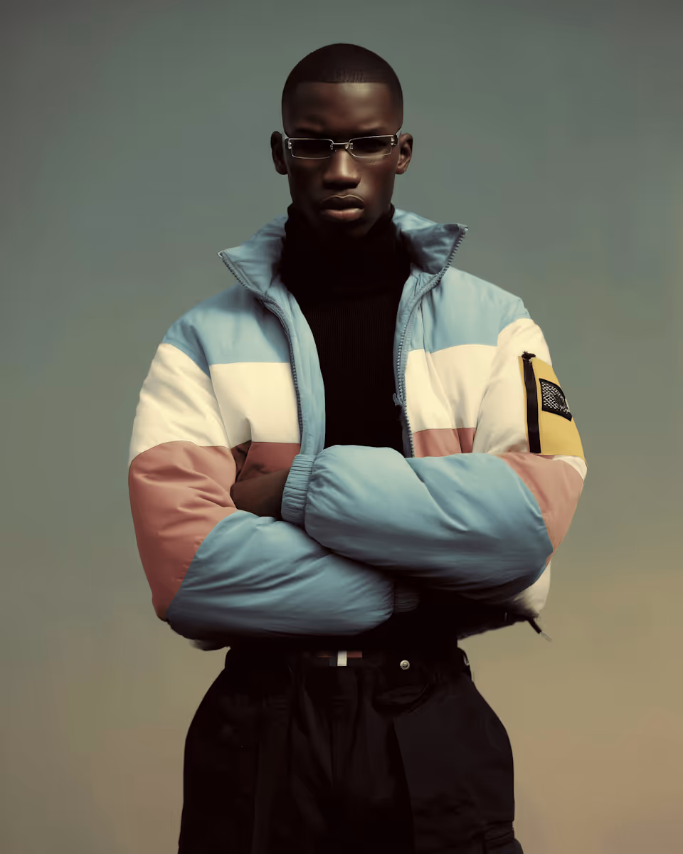 Young man wearing glasses and a color-blocked puffer jacket with arms crossed.