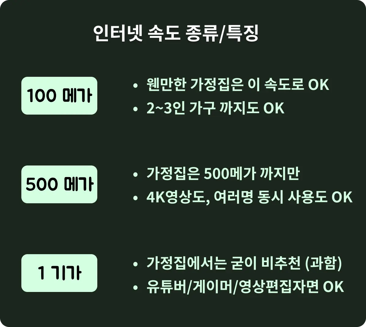인터넷 속도 종류 및 특징 100메가부터 1기가까지