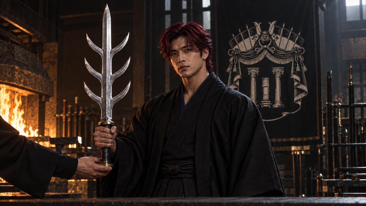 A sword being handed over inside the forge