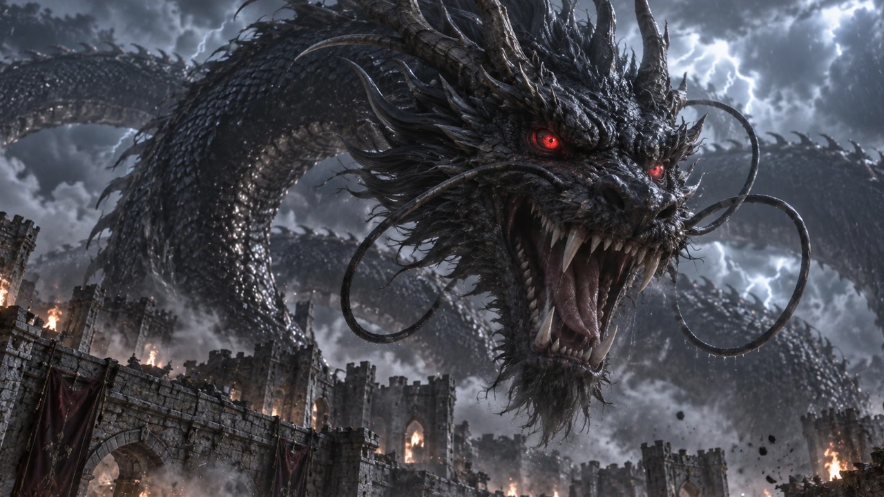 A fantasy battle with a dragon outside the citadel