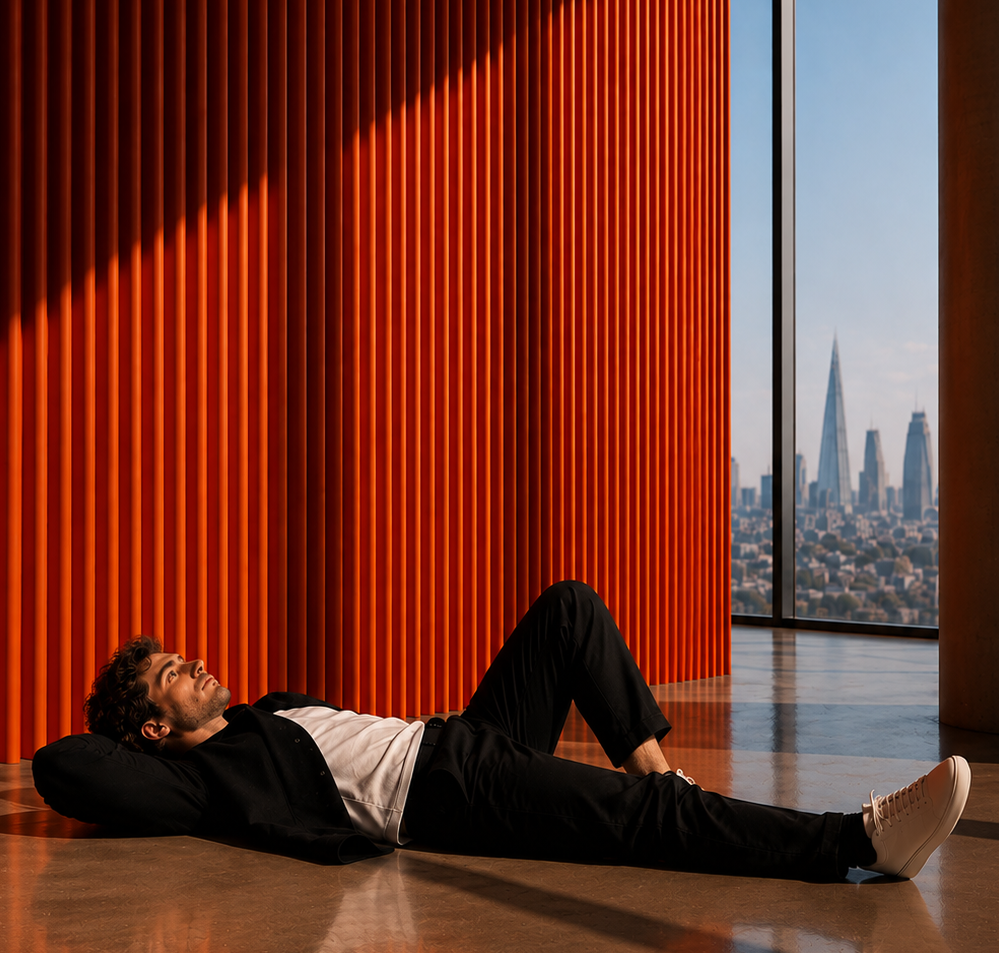 Man lying down in a room with orange wooden slats and a city skyline view