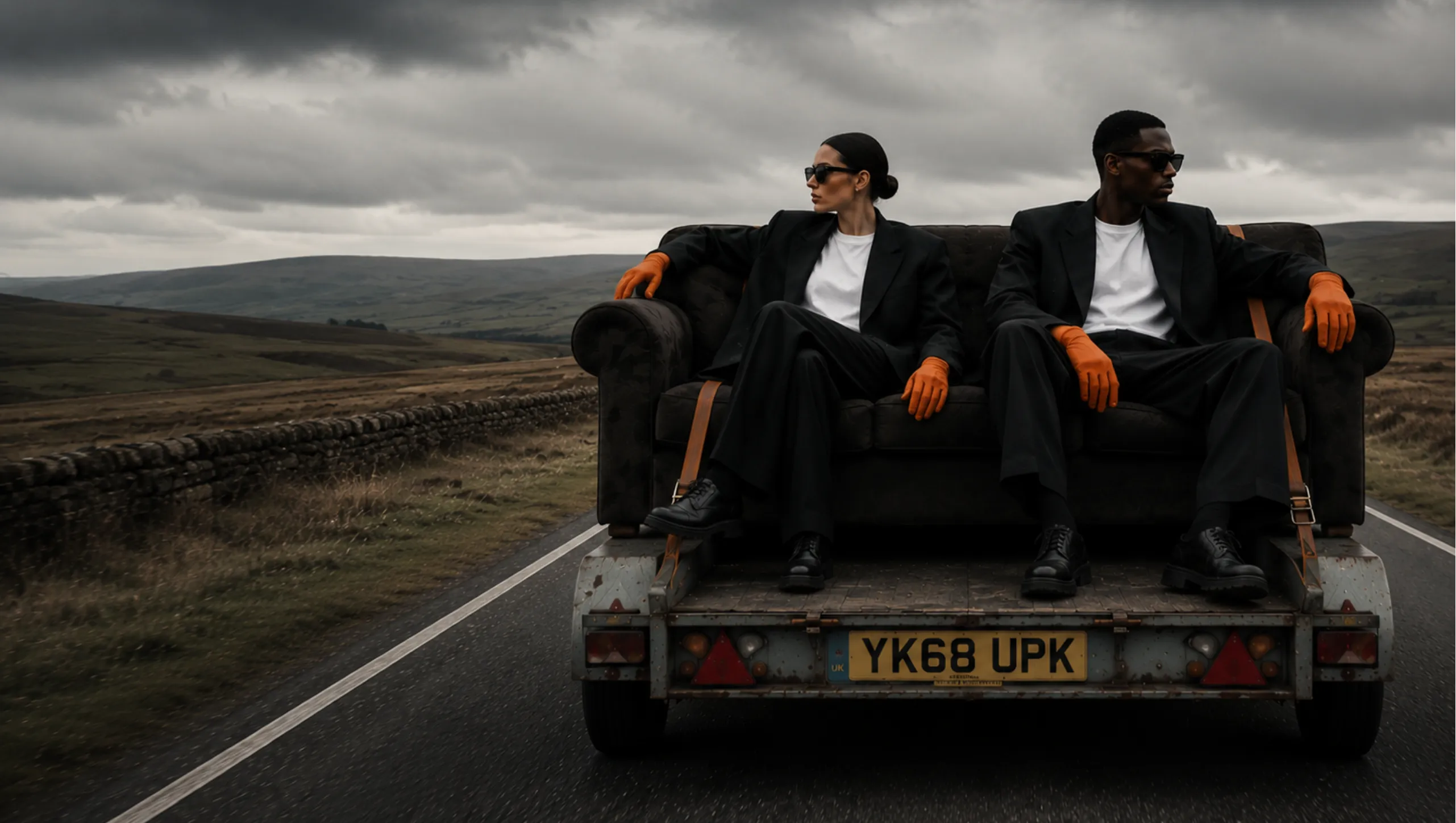 Two people in suits sitting on a sofa on the back of a flatbed trailer on a countryside road
