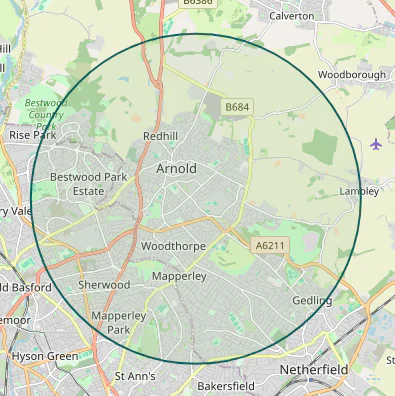 Service area map showing Nottingham with a highlighted walking radius covering Mapperley, Gedling, Bestwood, Sherwood and Arnold.