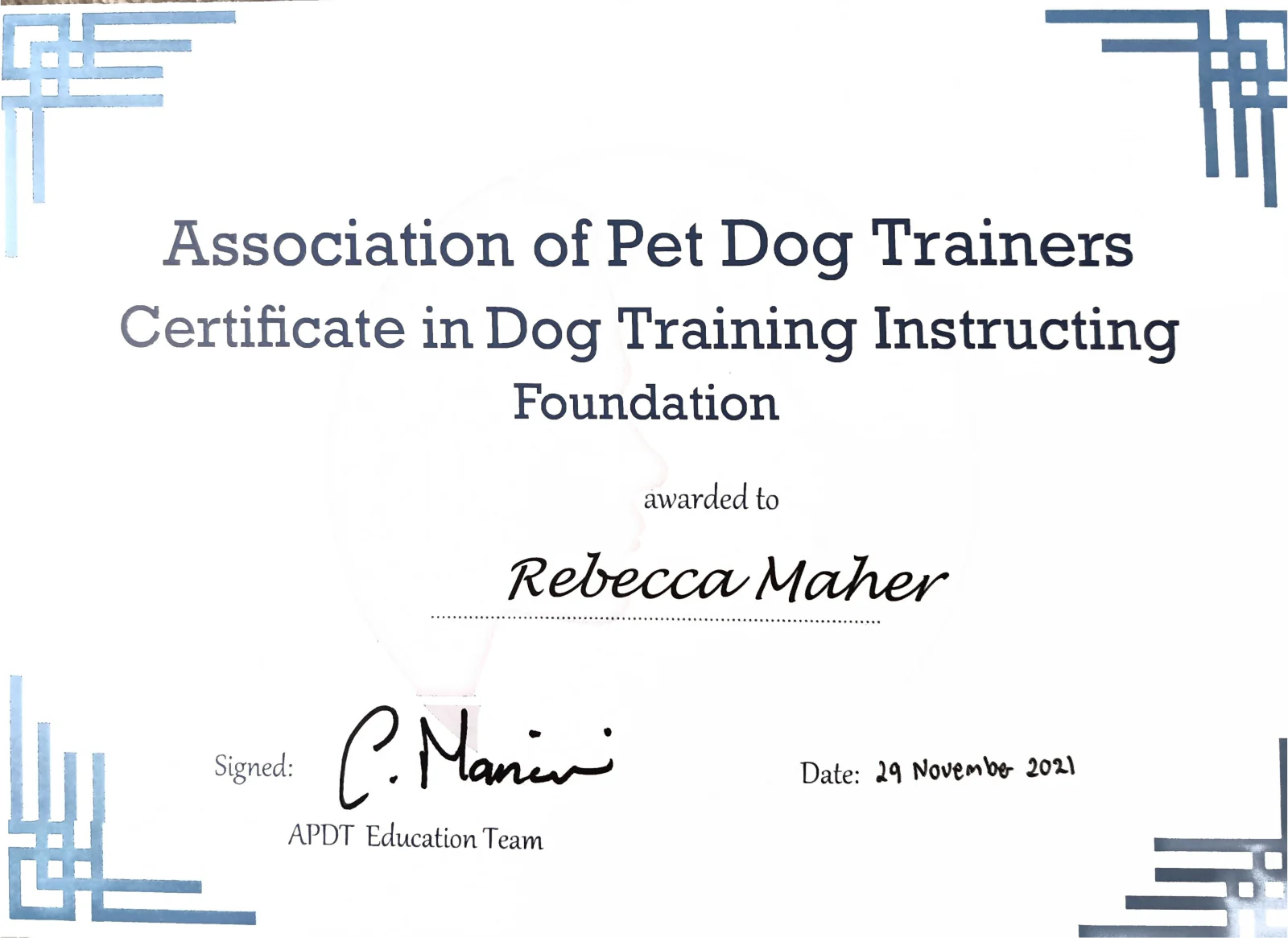 Association of Pet Dog Trainers foundation certificate in Dog Training Instruction for Rebecca Maher.