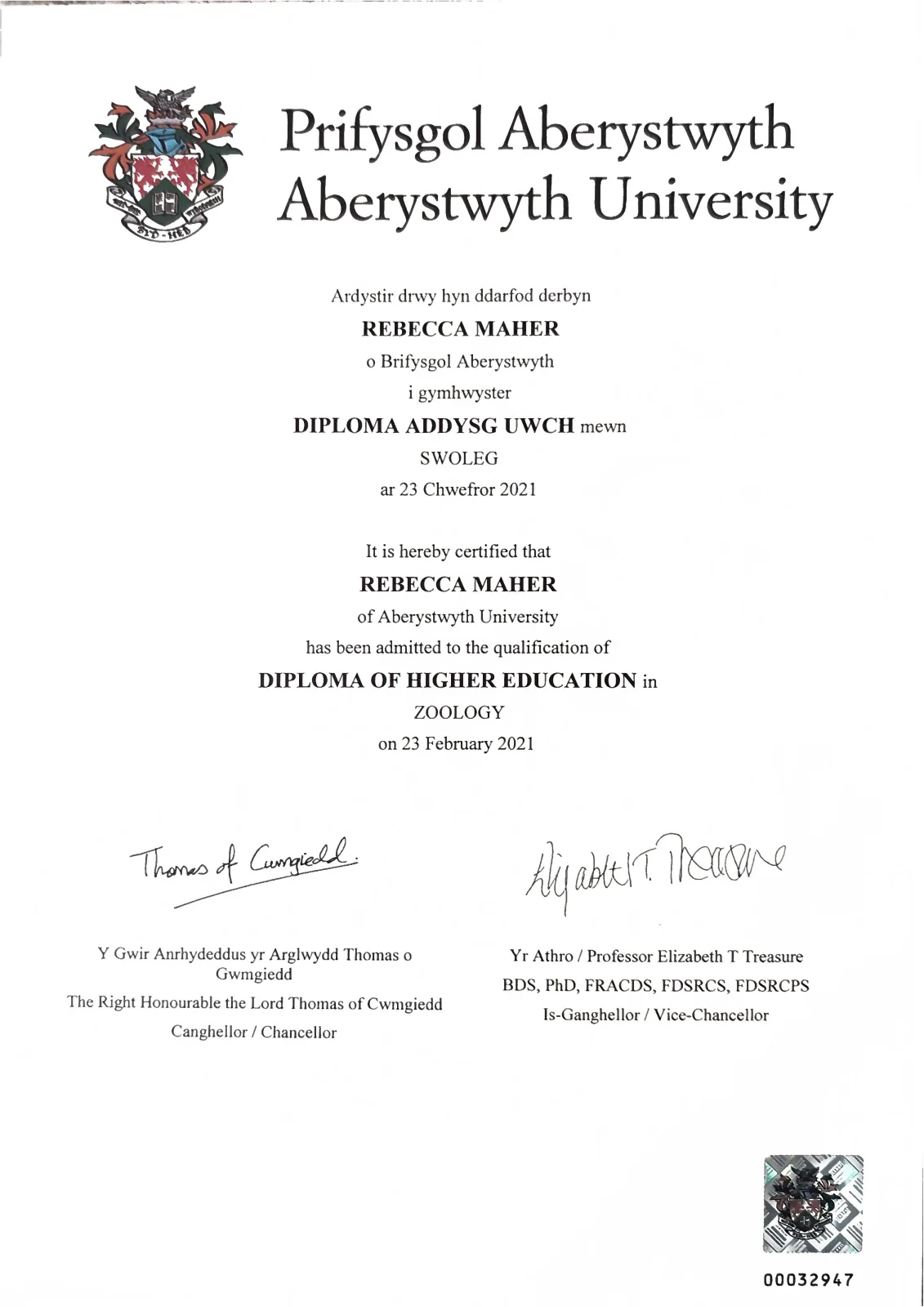 Aberystwyth University Diploma of Higher Education certificate for Rebecca Maher.