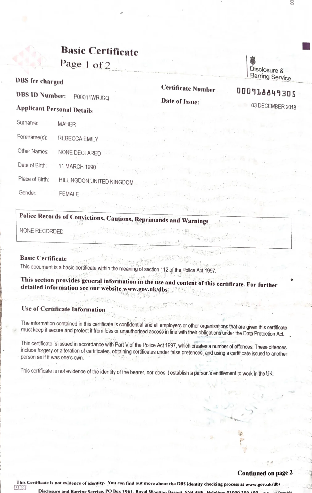 DBS certificate for Rebecca Maher of Trent Dog Walking, page 1.