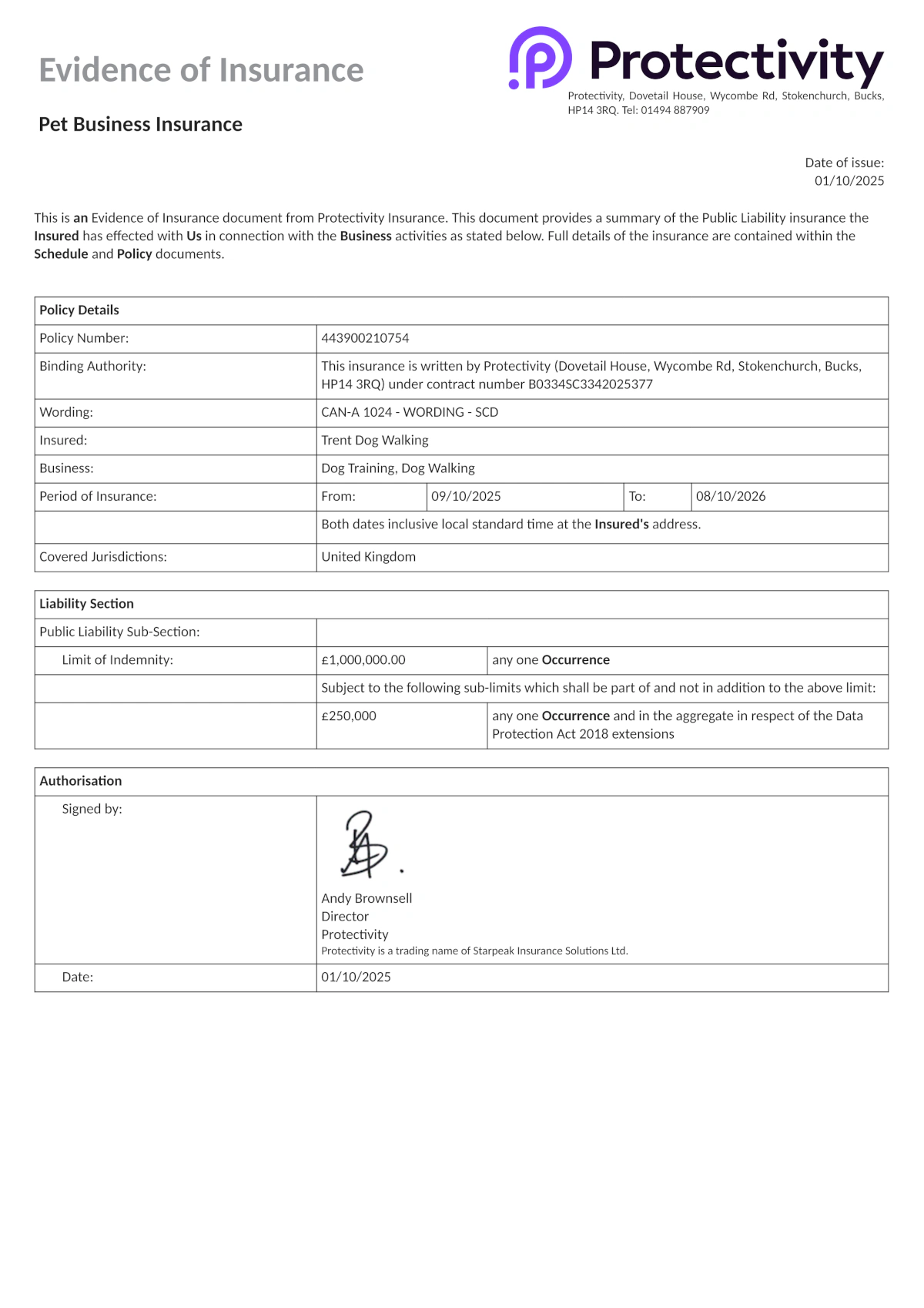 Proof of Pet Business Insurance for Rebecca Maher