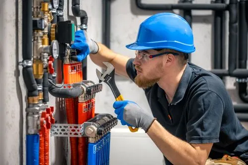 Technician inspecting geothermal system piping and controls