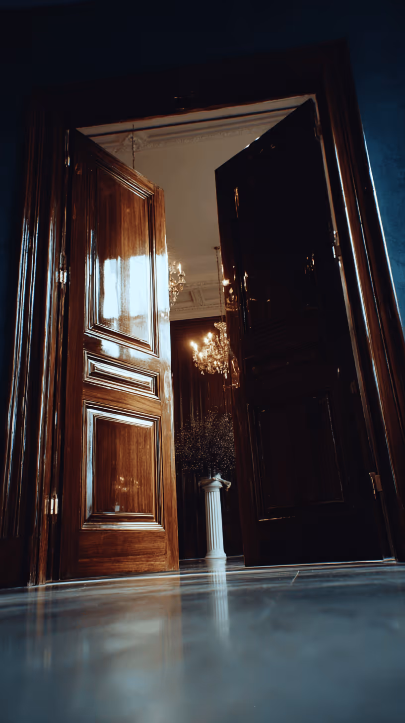 Portes en bois ouvertes laissant entrevoir un intérieur luxueux avec des lustres et un pilier décoratif.