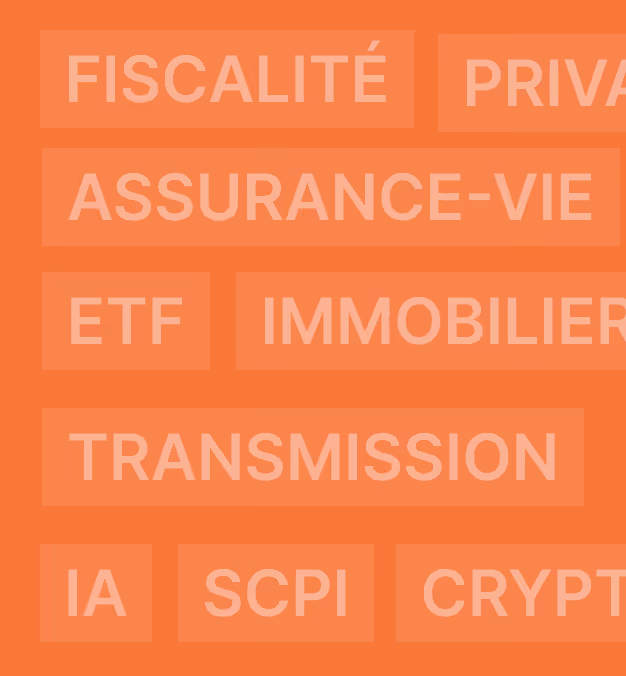 Mots en français sur fond orange : Fiscalité, Private, Assurance-vie, ETF, Immobilier, Transmission, IA, SCPI, Crypto.