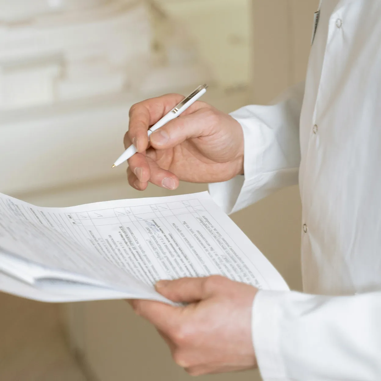 Doctor reviewing medical paperwork and holding a pen during patient assessment.
