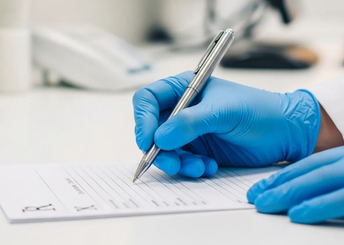 Doctor writing prescription with blue medical gloves.