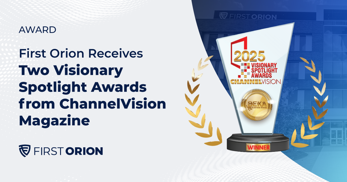 First Orion Visionary Spotlight Awards trophy from ChannelVision Magazine 2025 with golden laurel wreaths on blue background