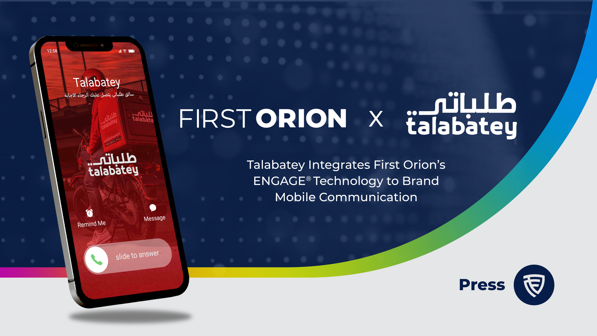 Talabatey mobile app interface showing branded communication integration with First Orion ENGAGE technology
