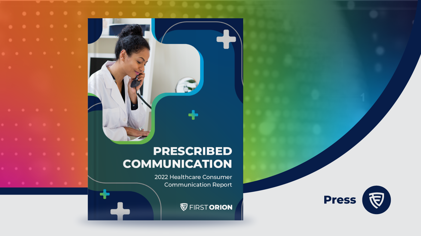 Healthcare professional on phone call with report cover showing 'Prescribed Communication' 2022 Healthcare Consumer study