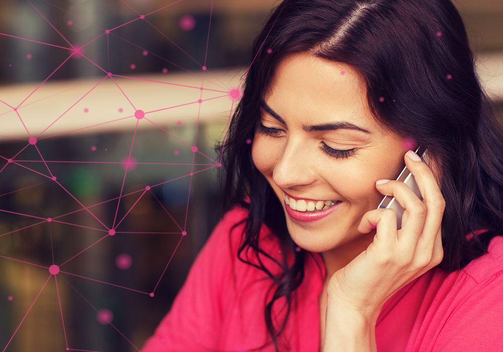 Smiling woman on phone with digital network overlay representing retail shoppers report communication trends