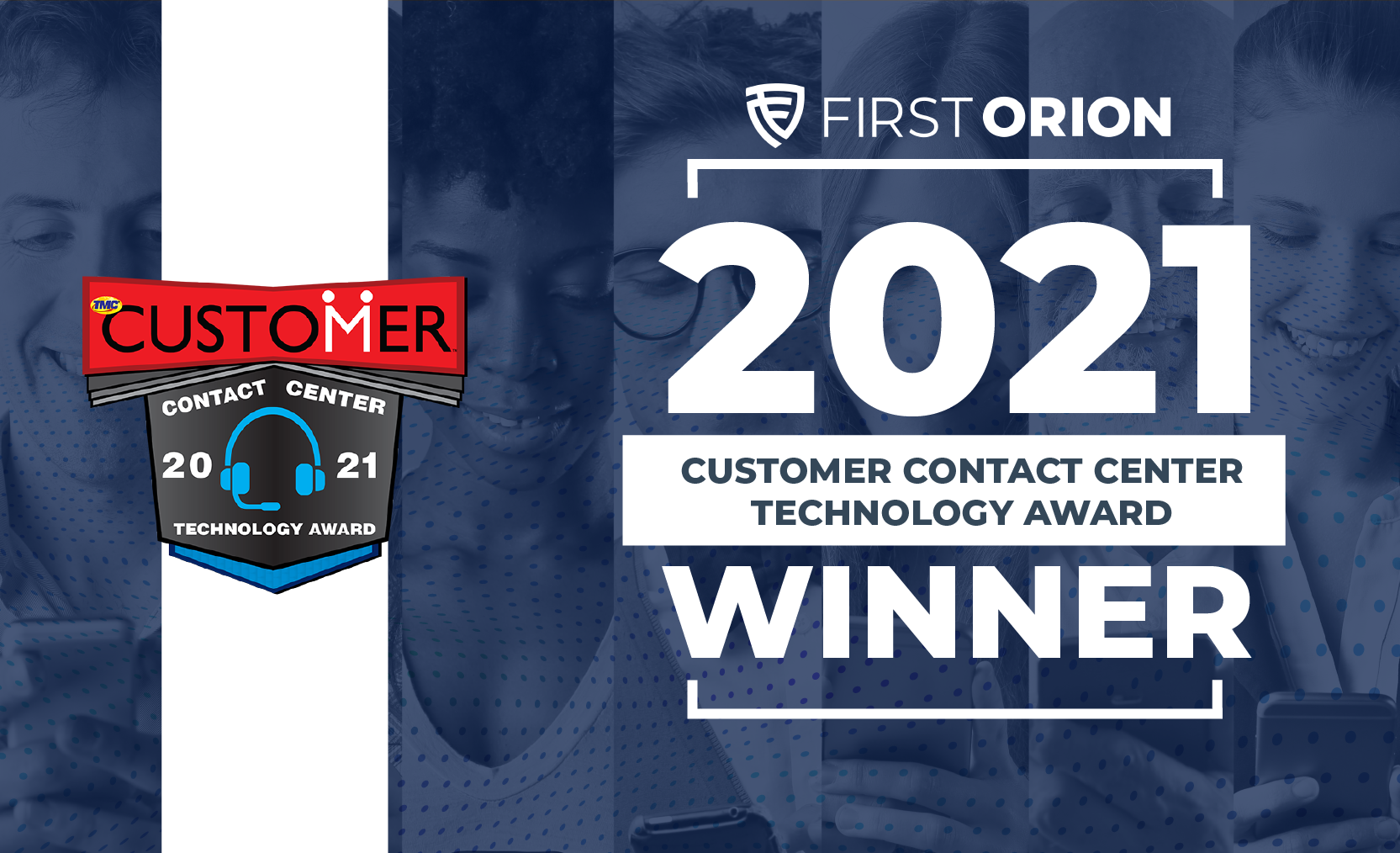 First Orion 2021 Customer Contact Center Technology Award Winner badge with TMC award logo