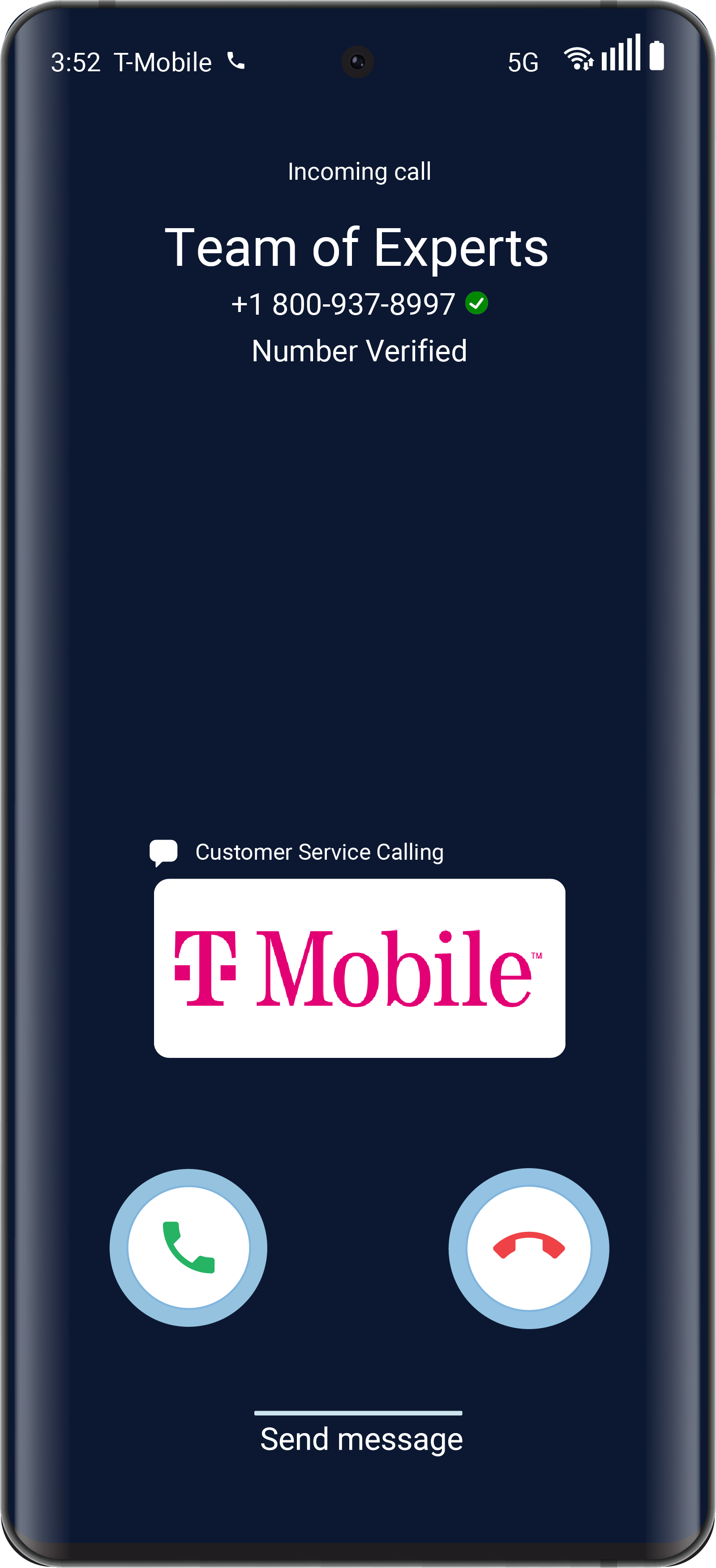 T-Mobile incoming call screen showing Team of Experts caller ID with verified number and RCD mobile phone interface