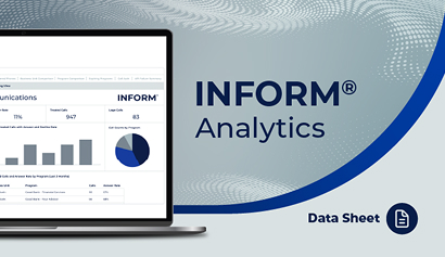 INFORM Advanced Analytics data sheet thumbnail showing a laptop with call performance dashboard and charts