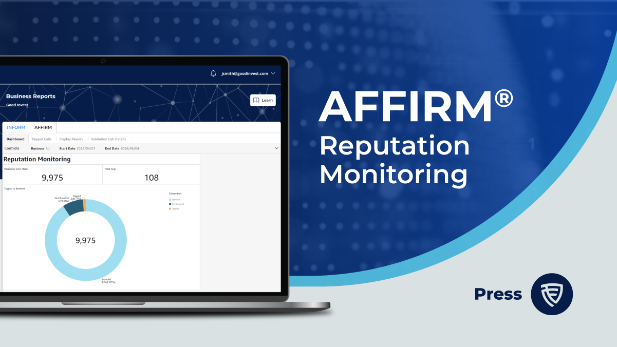 First Orion AFFIRM reputation monitoring dashboard showing call analytics on a laptop.