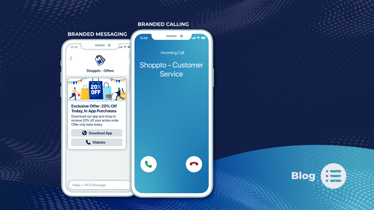 Diagram showing branded calling and branded messaging converging into one verified business identity on a phone