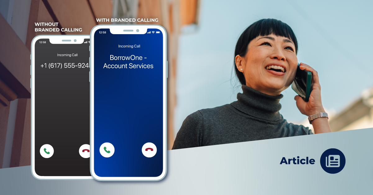 Woman answering a branded business call displaying the company name and reason for calling