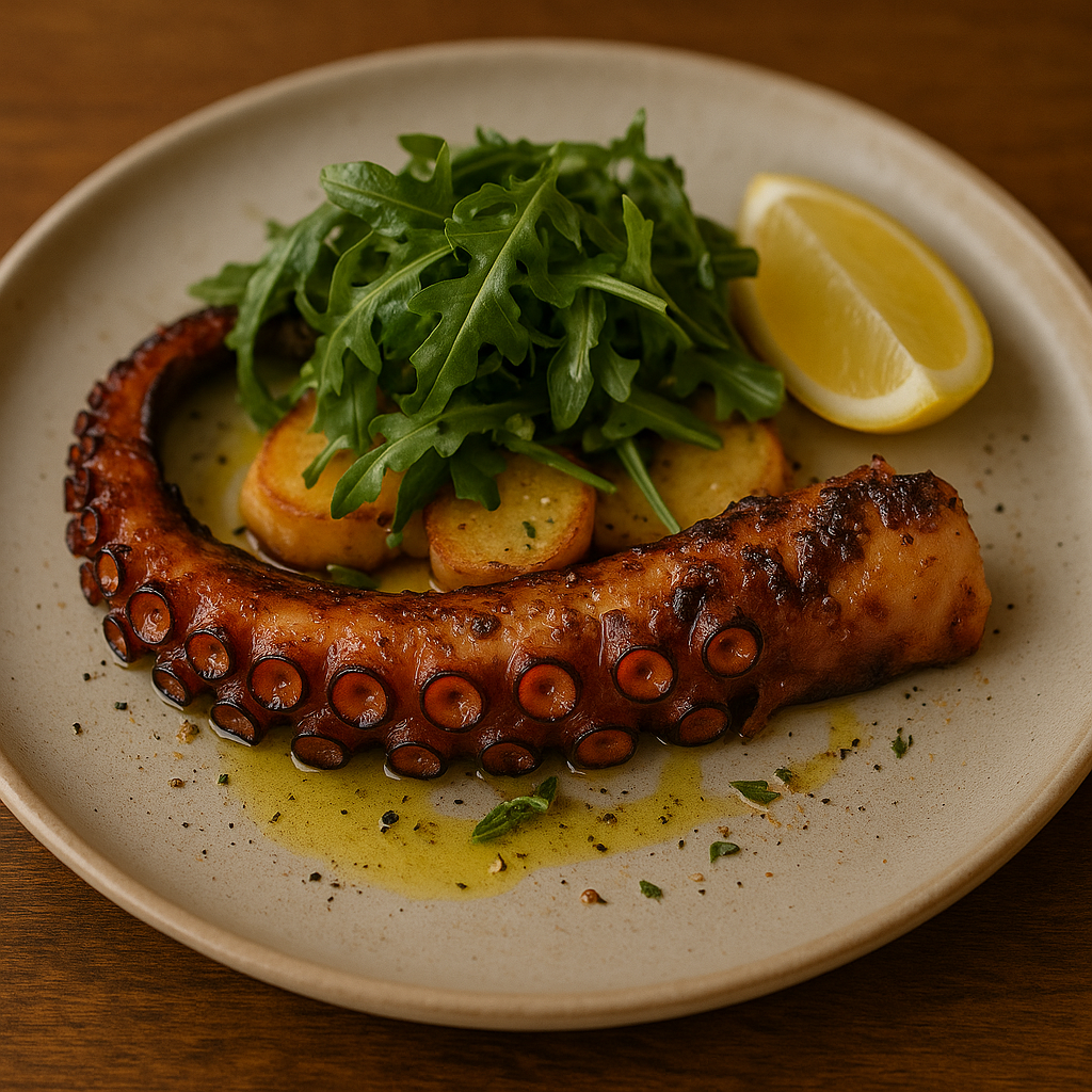 Chargrilled octopus with chickpeas, lemon, and parsley