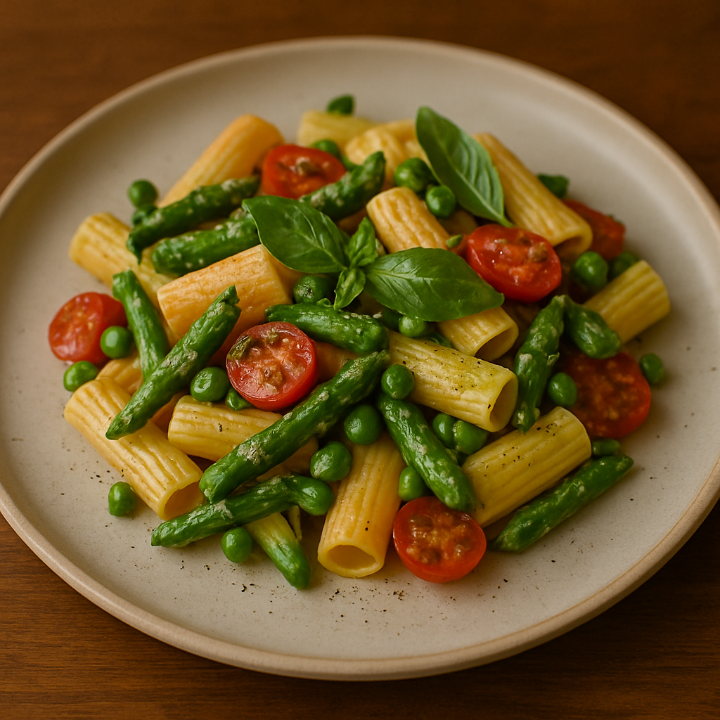 Pasta primavera with fresh seasonal vegetables and olive oil