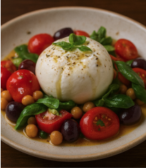 Creamy burrata cheese served with cherry tomatoes and olives