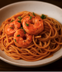 Plate of shrimp linguine pasta with prawns, garlic, chili, and olive oil