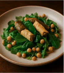 Plate of stuffed vine leaves served on fresh greens with chickpeas