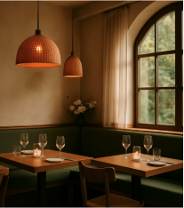 Interior of Maison Verde restaurant with warm Mediterranean design, wooden tables, and soft daylight atmosphere