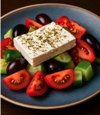 Greek salad with feta cheese, cucumber, tomato, olives, and oregano