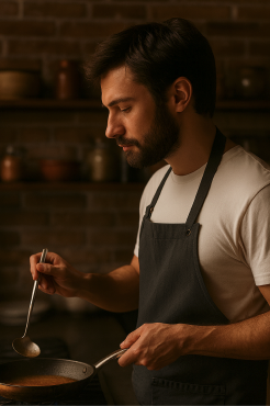Professional chef preparing a Mediterranean dish in the kitchen at Maison Verde restaurant