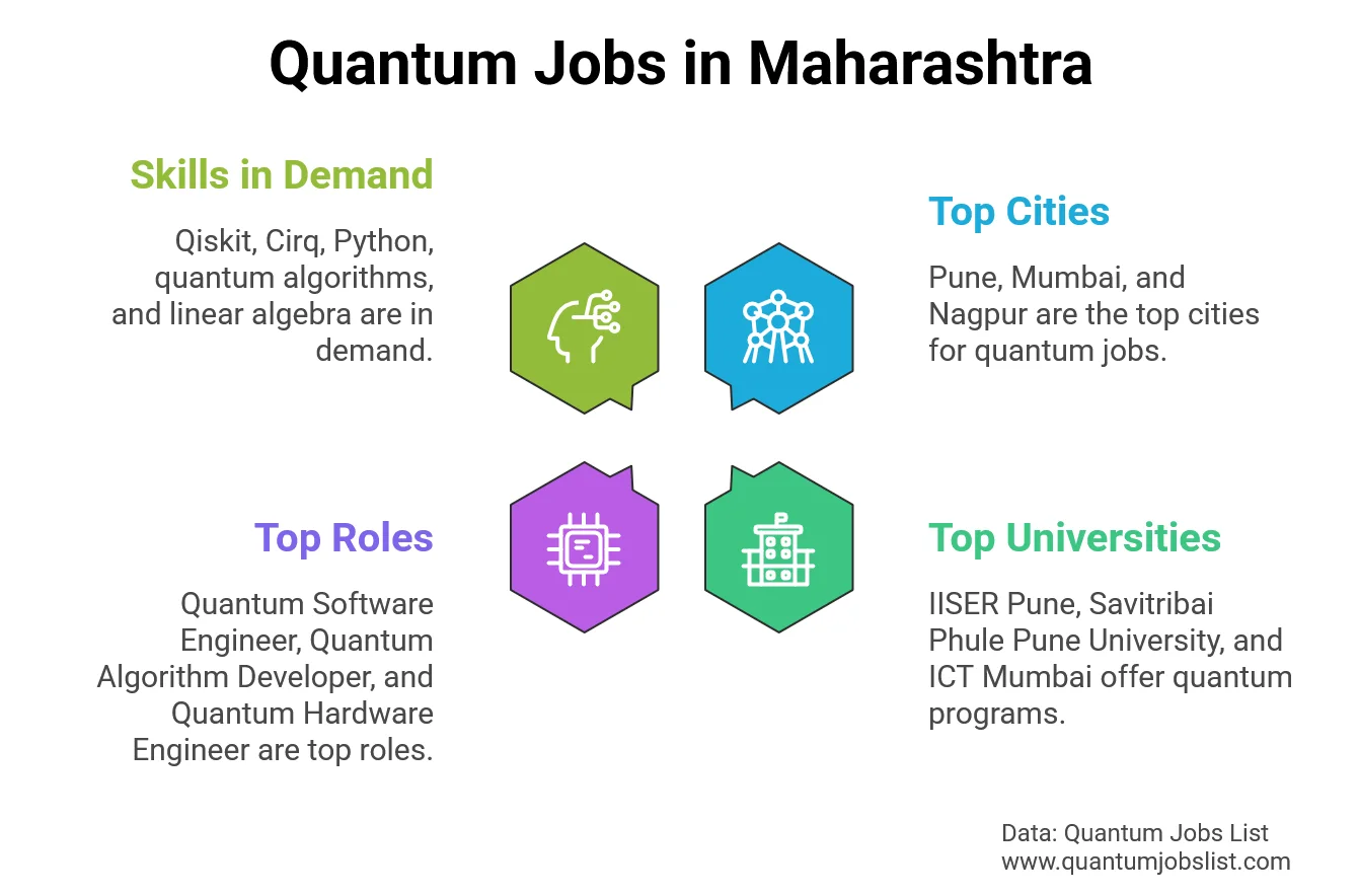 Infographic showing quantum computing job opportunities in Maharashtra, India including top cities, universities, roles, salaries, and skills.