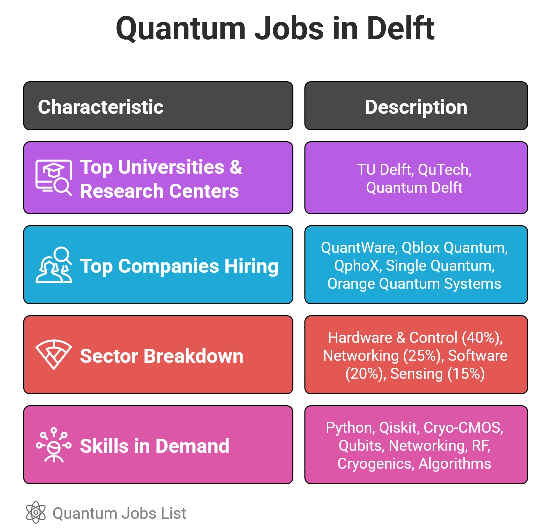 Infographic showing Delft’s quantum computing ecosystem including top research centers, startups, hiring companies, and in-demand skills.