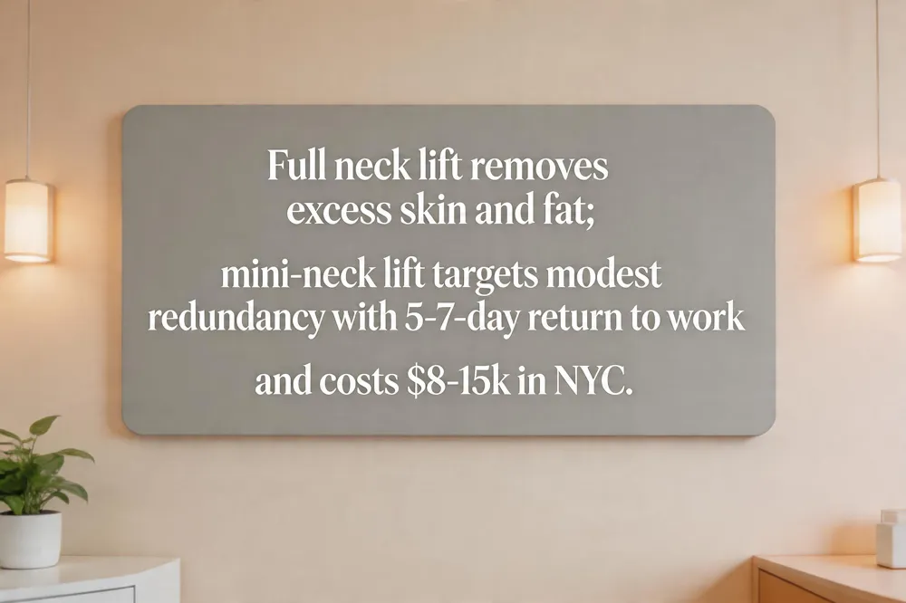 Full neck lift removes excess skin and fat; mini‑neck lift targets modest redundancy with 5‑7‑day return to work and costs $8‑15k in NYC.