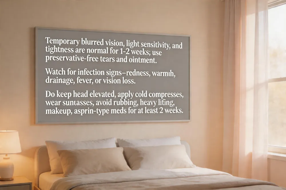 Temporary blurred vision, light sensitivity, and tightness are normal for 1‑2 weeks; use preservative‑free tears and ointment. Watch for infection signs—redness, warmth, drainage, fever, or vision loss. Do keep head elevated, apply cold compresses, wear sunglasses, and avoid rubbing, heavy lifting, makeup, and aspirin‑type meds for at least 2 weeks.