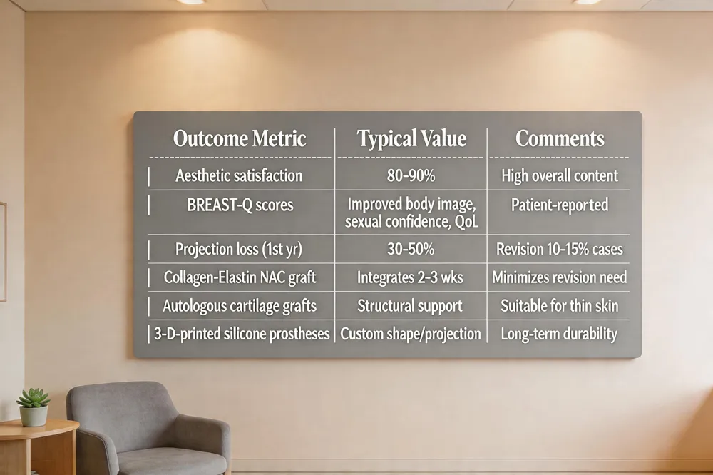 | Outcome Metric | Typical Value | Comments |
|----------------|---------------|----------|
| Aesthetic satisfaction | 80‑90 % rate report satisfactory | High overall content |
| BREAST‑Q scores | Significant improvement in body image, sexual confidence, QoL | Patient‑reported |
| Projection loss (first year) | 30‑50 % | Often leads to revision (10‑15 % of cases) |
| Emerging technology – Collagen‑Elastin NAC graft | Integrates within 2‑3 wks, durable projection | Minimizes revision need |
| Autologous cartilage grafts | Provides structural support | Suitable for thin skin |
| 3‑D‑printed silicone prostheses | Custom shape &amp; projection | Long‑term durability |

