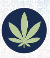 Green cannabis leaf icon inside a dark blue circle.