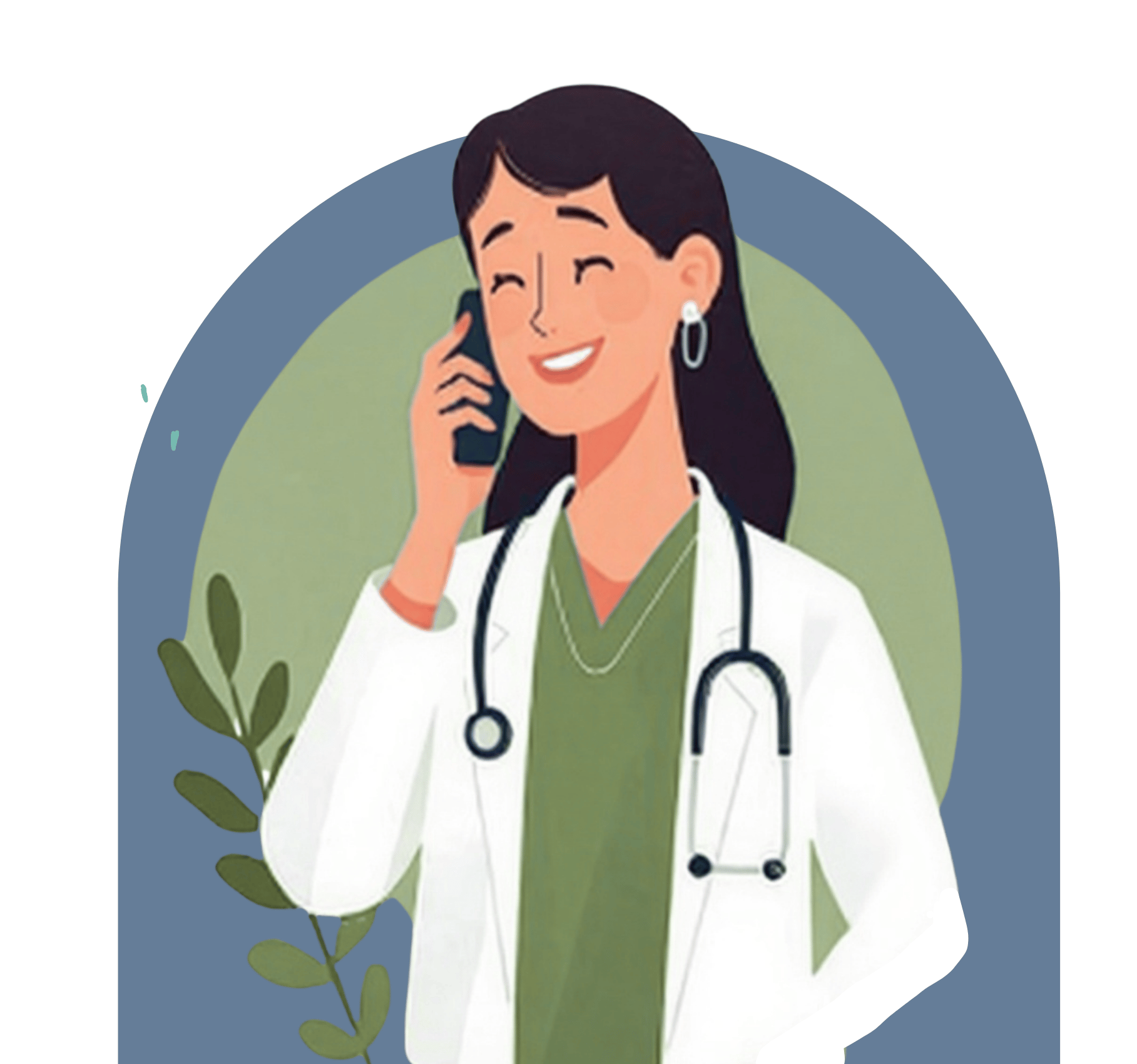 Smiling female doctor with dark hair, wearing a white coat and stethoscope, talking on a phone.
