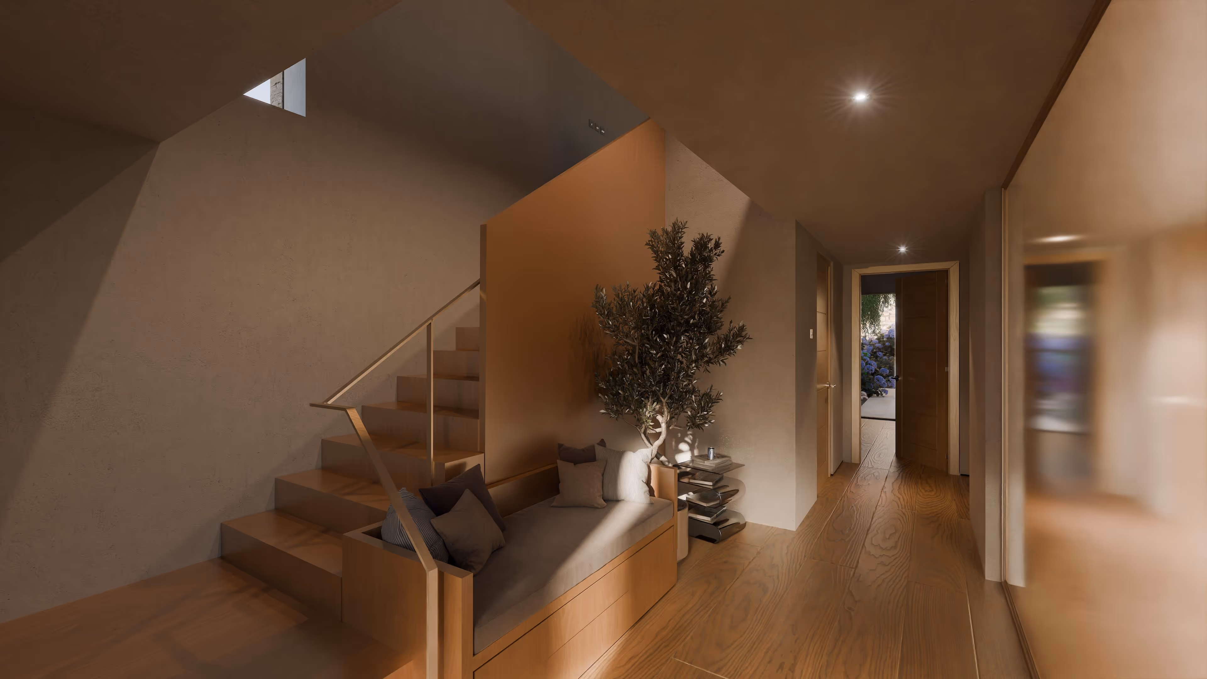 A 3D visualization of a residential hallway interior with timber flooring and spot lighting.