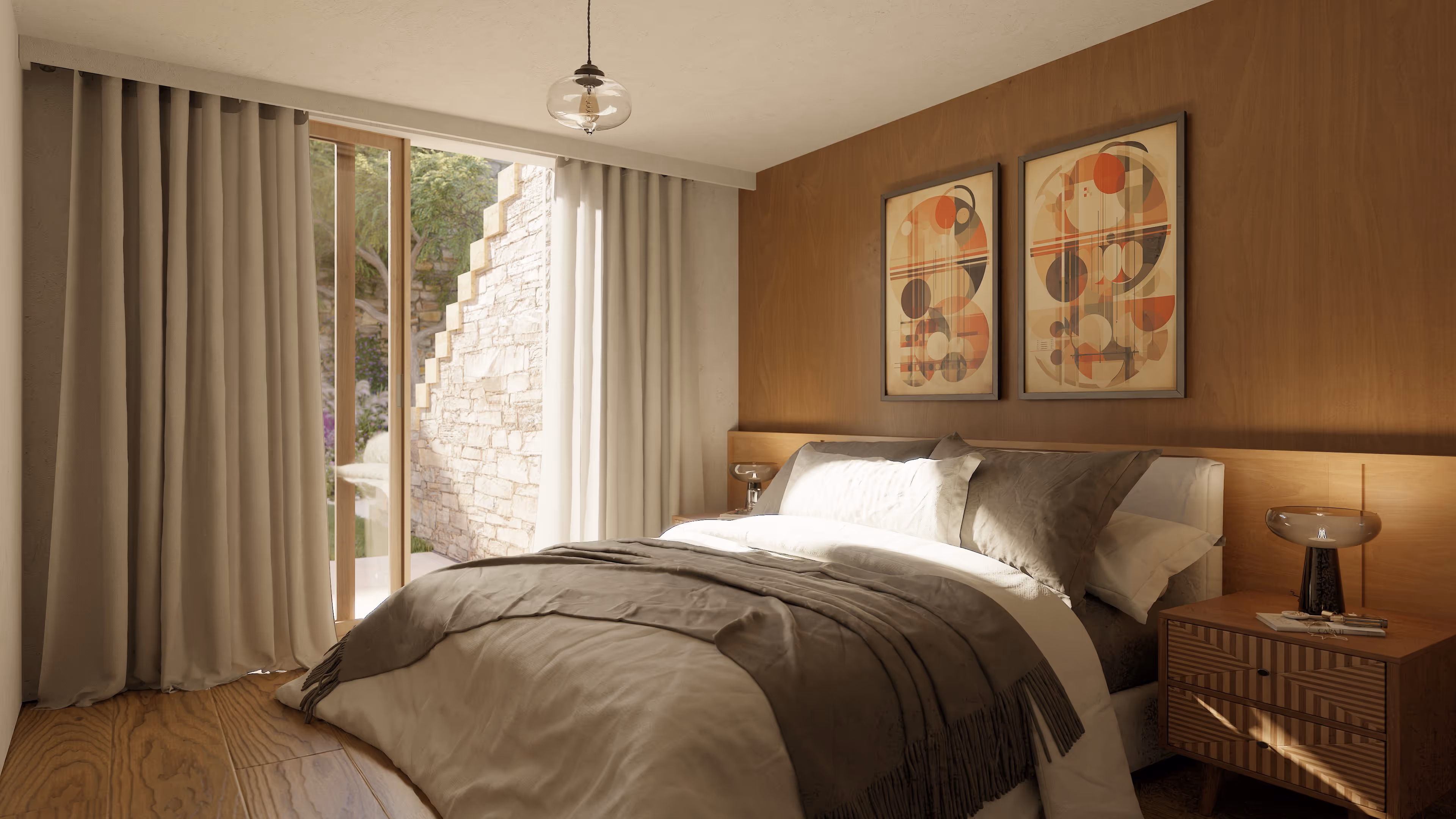 A photorealistic 3D render of a modern penthouse bedroom with large double bed and garden door.