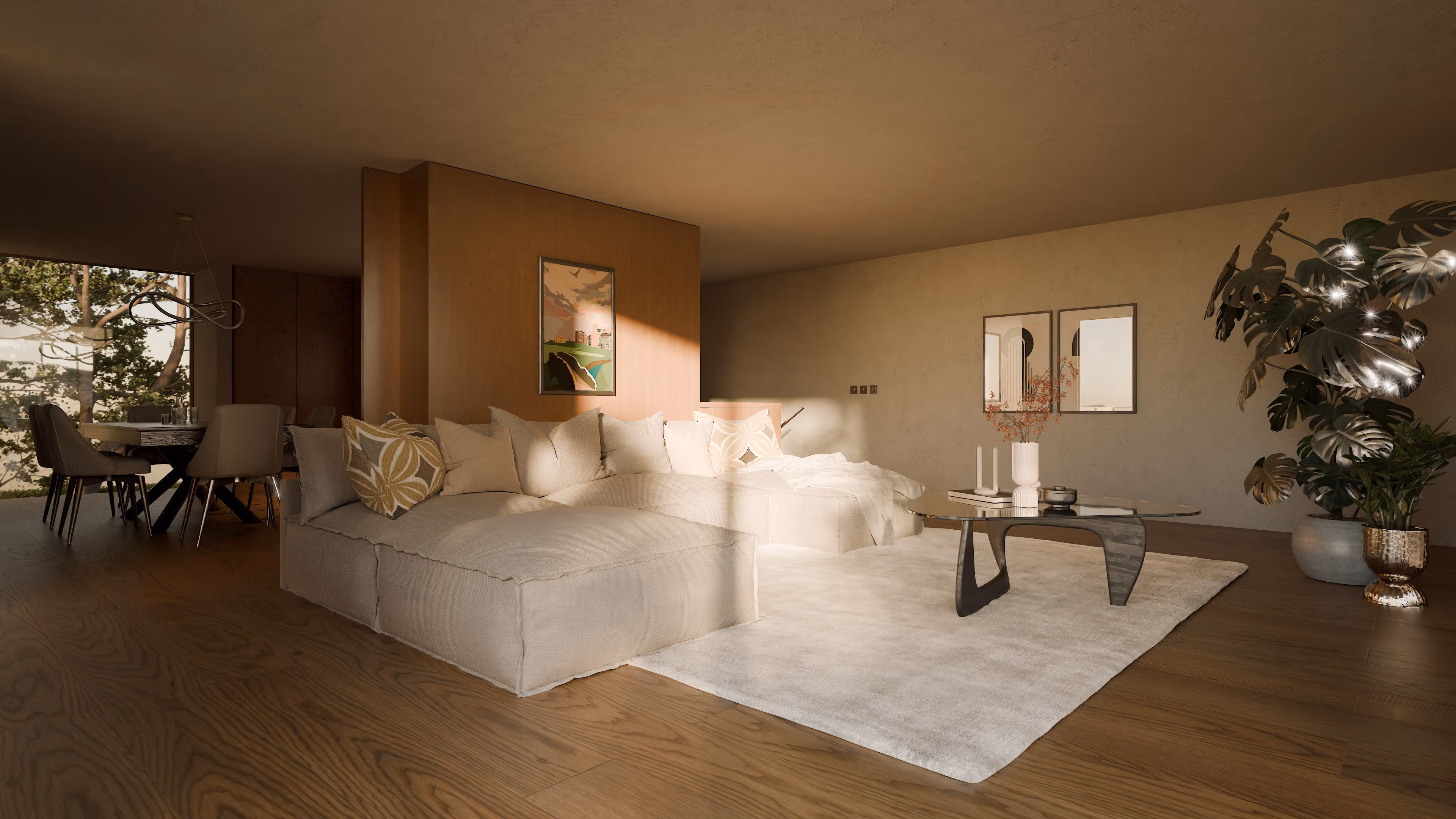 A photorealistic 3D render of a modern living room interior with a sofa and coffee table.