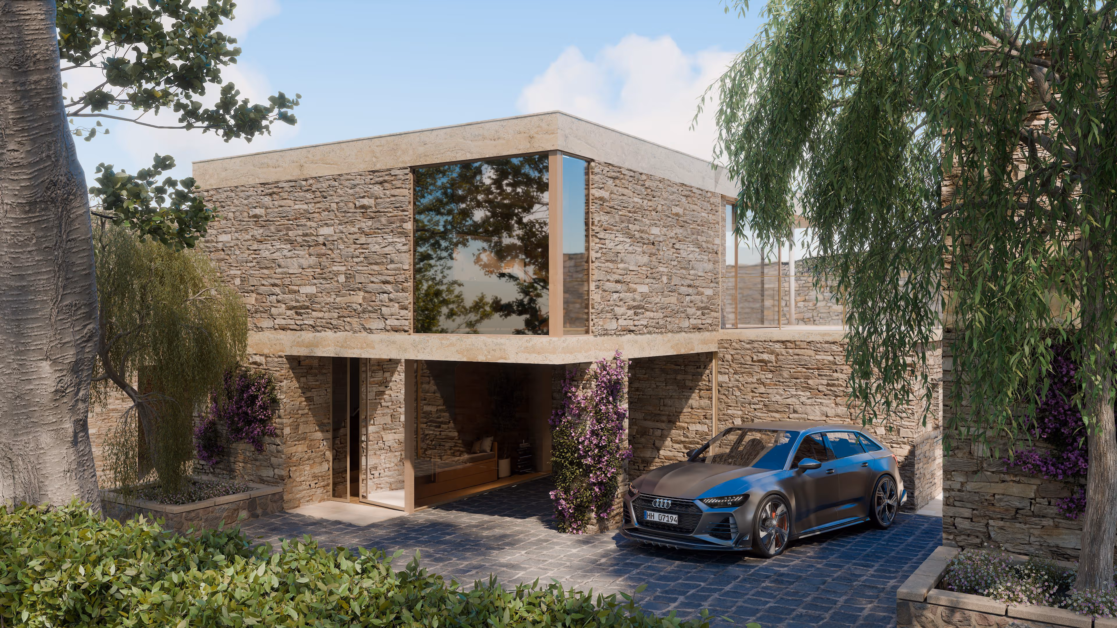 A photorealistic 3D render of a paved driveway leading up to a luxury modern home at dusk.