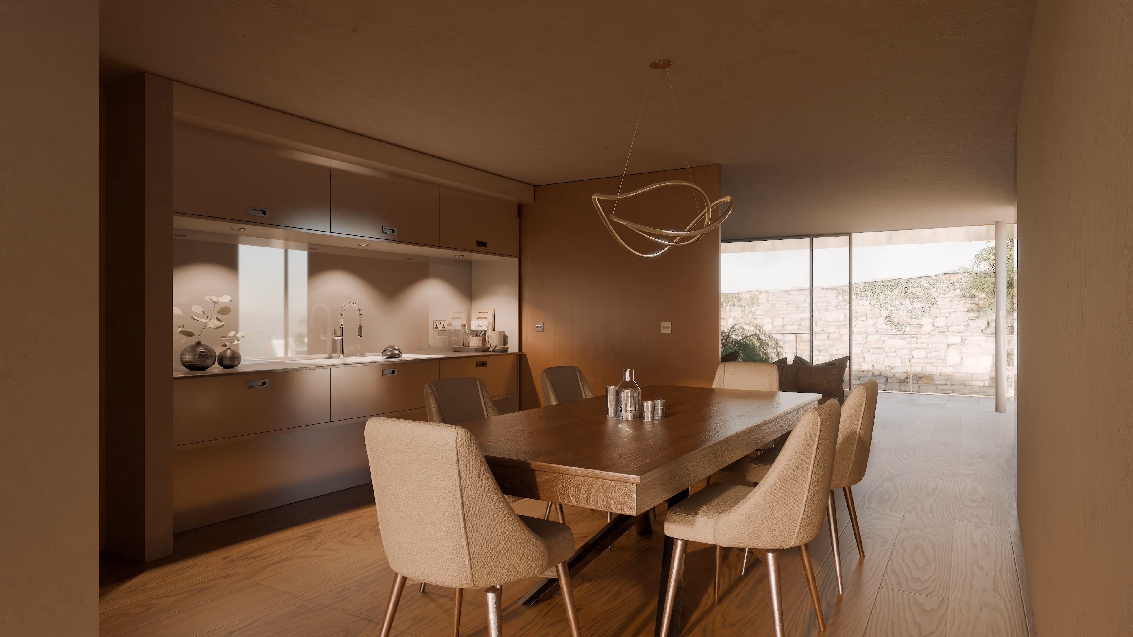 Interior architectural visualization of a contemporary kitchen with a central marble island.