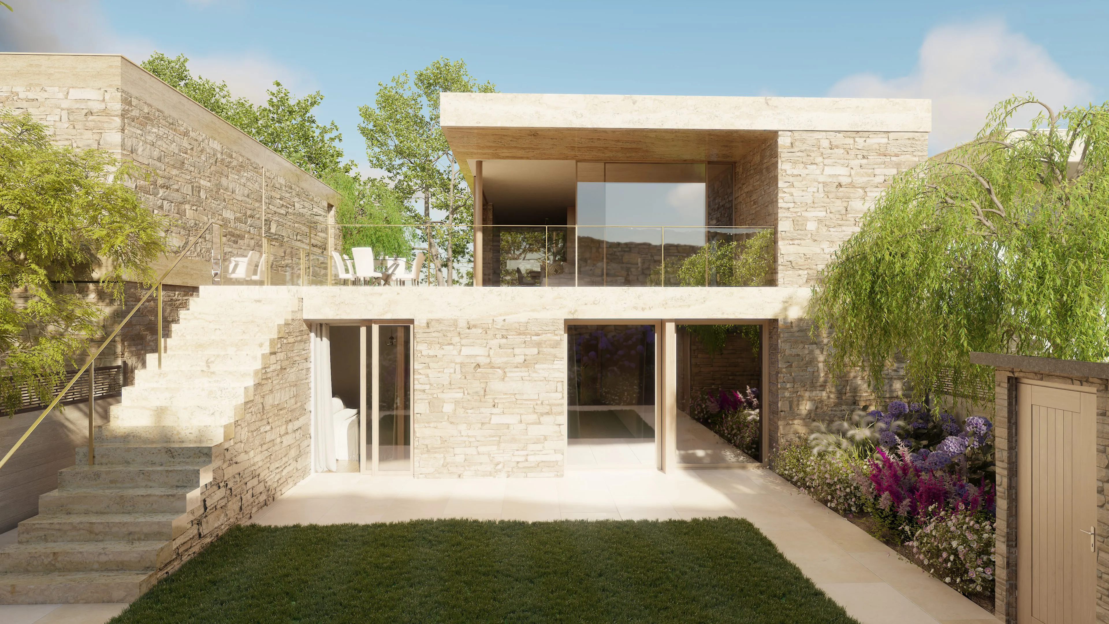 Architectural visualization of a modern house exterior, showing the back garden and patio area.