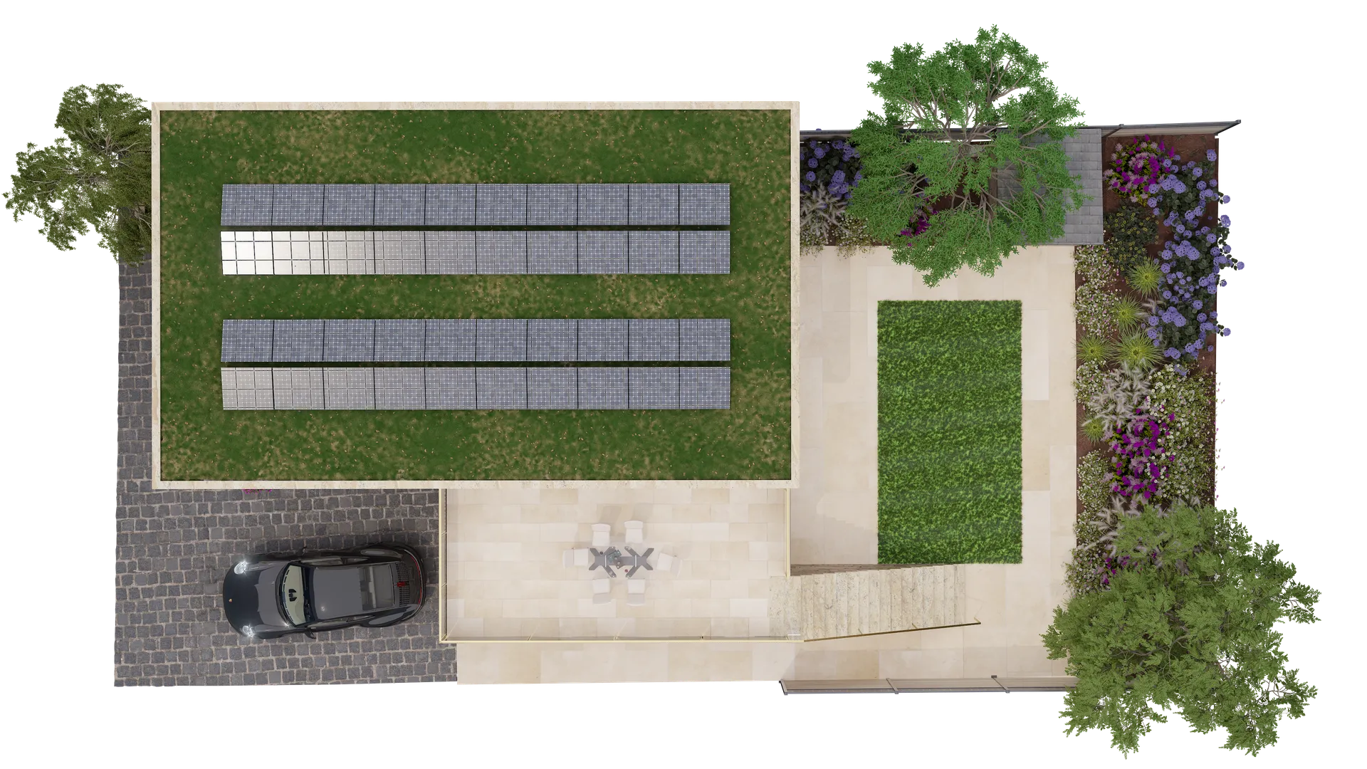 A 3D model render showing a top-down aerial view of the building's roof and solar panels.