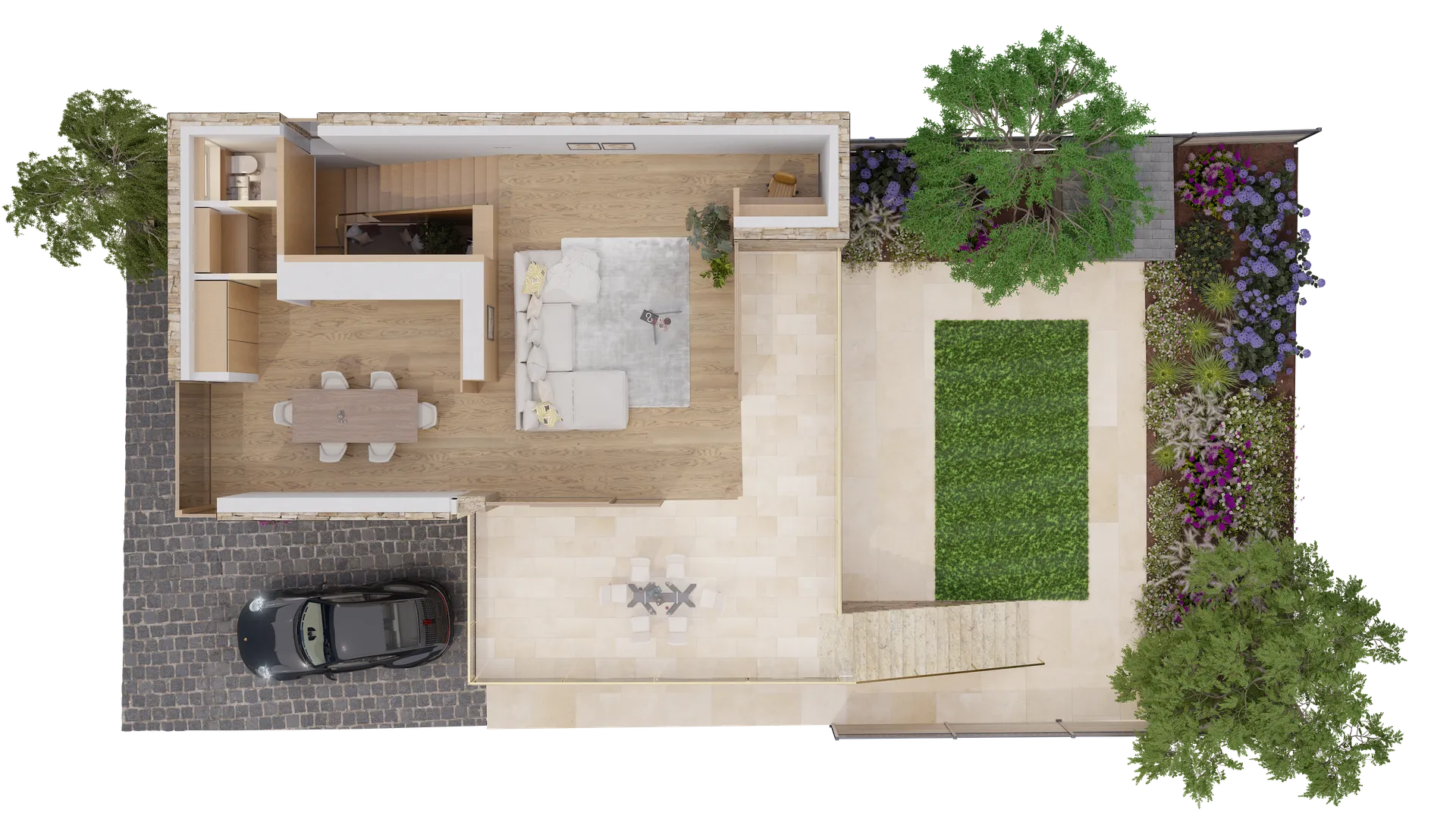 A 3D floor plan render showing the bedroom and bathroom layout on the top floor of a house.