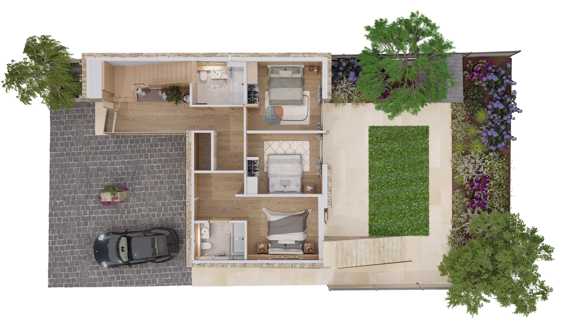 A 3D floor plan render showing the layout of a home's ground floor, including the kitchen and living area.